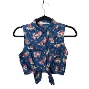 Poetry- Denim floral crop top w tie waist Size Small